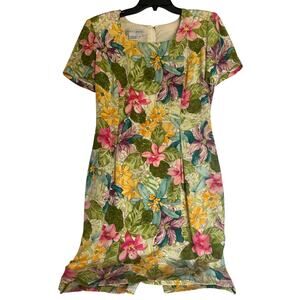 MAGGY LONDON Dress Size 8 100%Silk Green Floral Sheath Colorful Vintage Garden